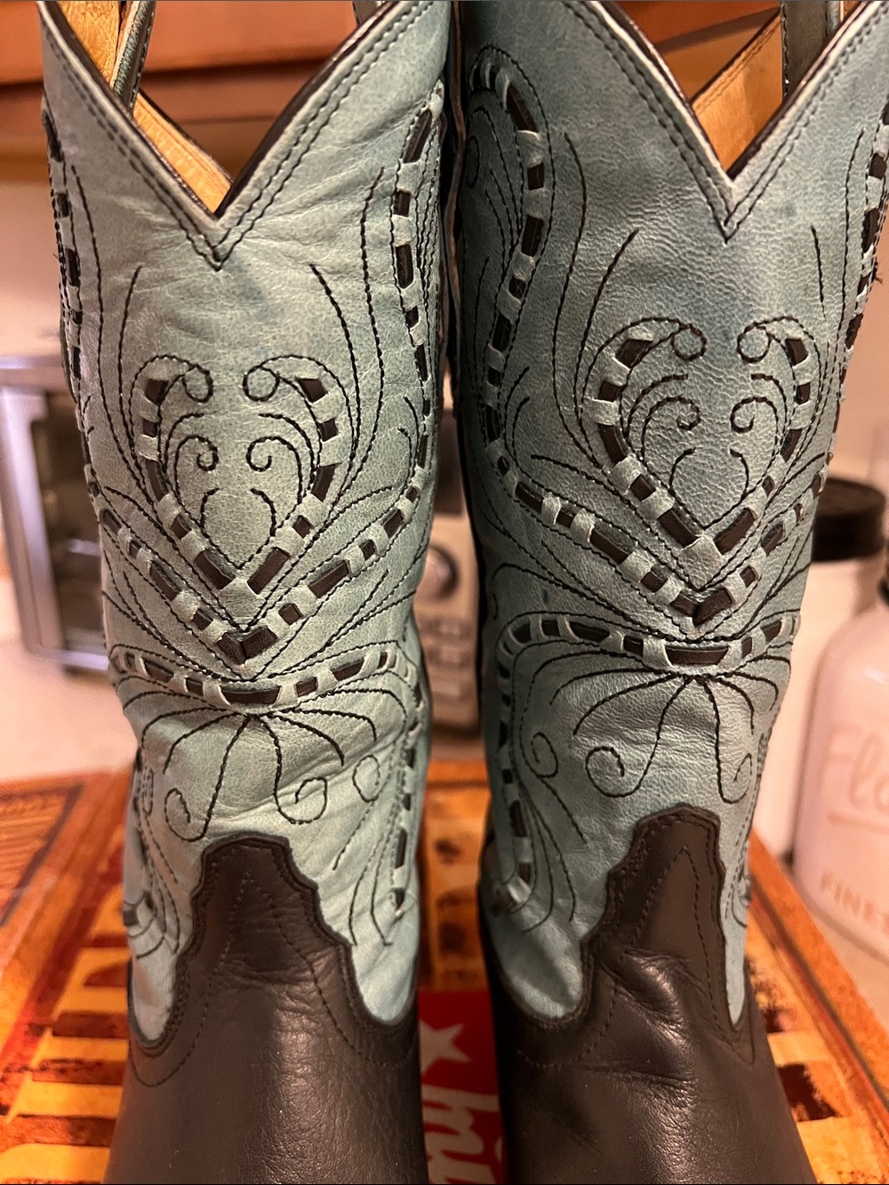 Tony Lama Black Foot Teal Embroidered Shaft Cowboy Boots - Picture 5 of 8